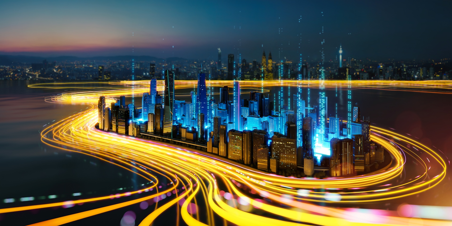 Digital vernetzte Skyline bei Nacht mit leuchtenden Datenströmen und Lichtbahnen