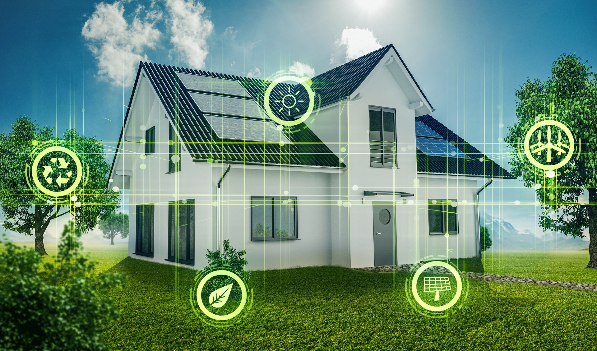Modernes Wohnhaus mit Photovoltaikanlage und Smart-Home-Technologie - nachhaltige Haus- und Gebaeudetechnik